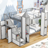 Harper & Bright Designs Twin Over Twin Metal Bunk Bed with Stairs and Storage Wardrobe, Castle-Shaped Bunk Bed Heavy-Duty Steel Frame, Noise Free,for Kids Teens Adults, Gray+White Harper & Bright Designs