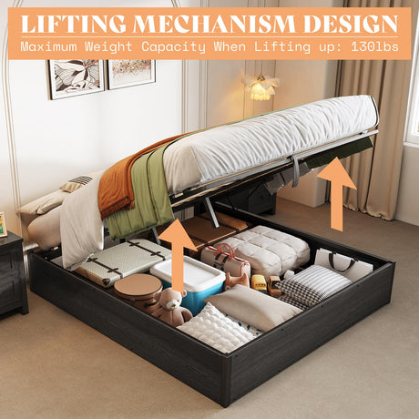 AMERLIFE Dark Oak Lift-Up Storage Bed Frame - Queen Size with Ample Under-Bed Storage AMERLIFE