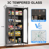 RGGCABINET Display Cabinet, Metal Curio Cabinets with Glass Doors, Black Kitchen Pantry Cabinet, 71" Tall Storage Cabinet with Adjustable Shelves, Lego Glass Cabinet for Dining Room, Home Office RGGCABINET