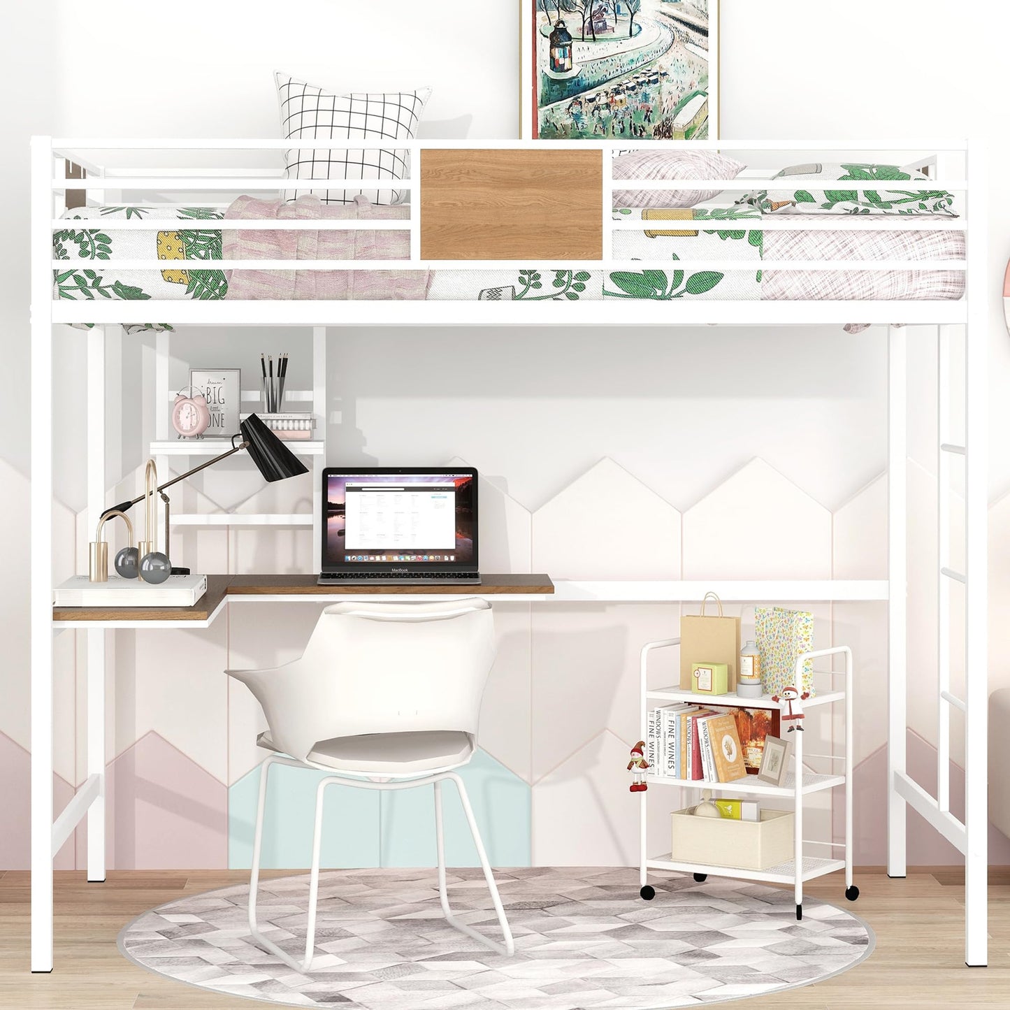 Twin Loft Bed with Desk and Storage Shelf, Metal Loft Bed Twin Size, Kids Loft Bed with Build in Ladder and Guardrails, Twin Loft Bed White