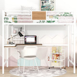 Twin Loft Bed with Desk and Storage Shelf, Metal Loft Bed Twin Size, Kids Loft Bed with Build in Ladder and Guardrails, Twin Loft Bed White Bellemave
