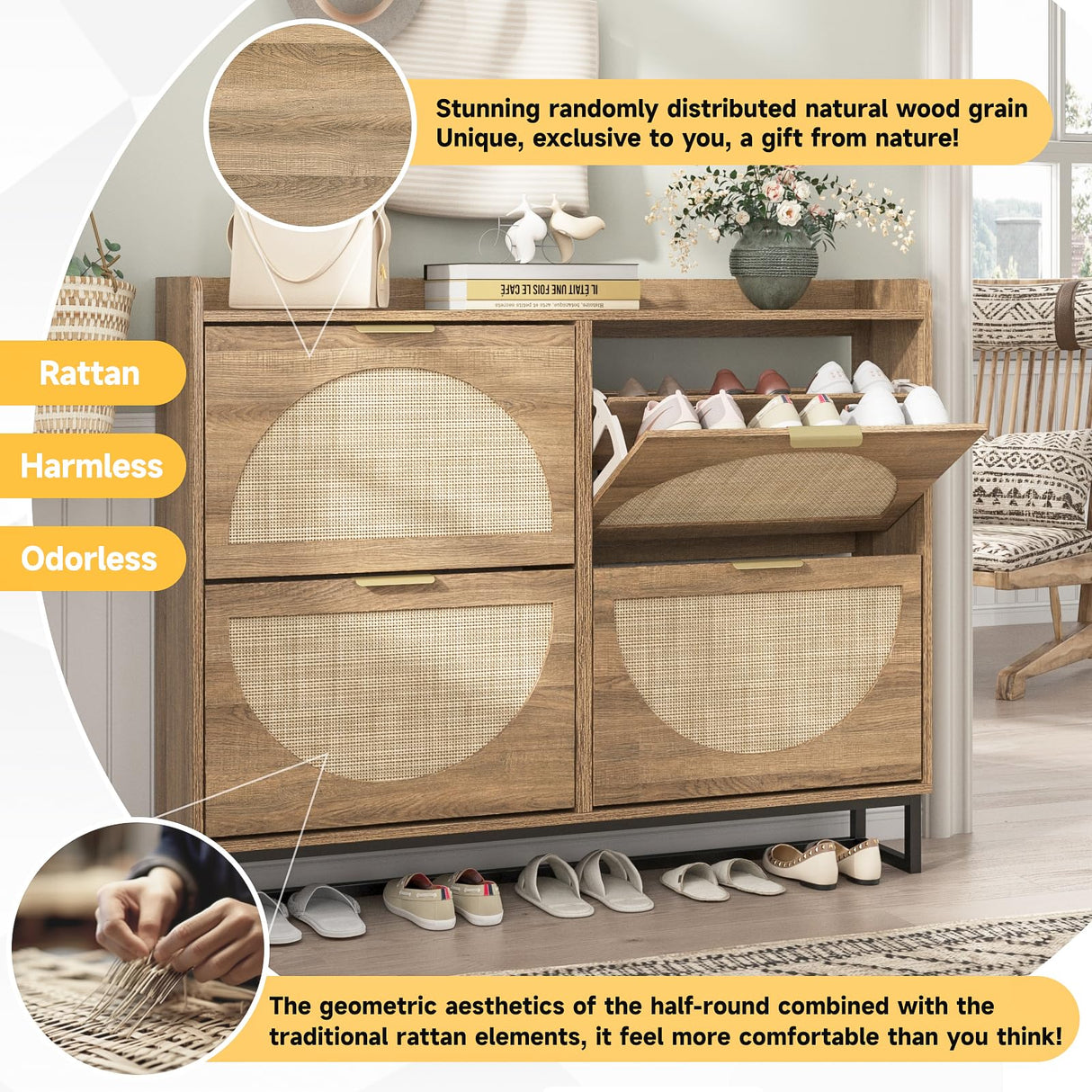 Maupvit Large Rattan Shoe Storage Cabinet with 4 Flip Drawers, Freestanding Shoe Organizer with Metal Legs for Entryway, Hidden Golden Handles, Narrow Shoe Rack Cabinet, Rustic Oak Rattan Maupvit