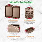 NutriChef 5-Piece Baking Pan Set - Carbon Steel Stackable Bakeware with Red Silicone Handles & Nonstick Coating, Includes Cookie Sheets, Roaster Pan with Lid, Loaf Pan, and 12 Cup Muffin Pan (Gold) NutriChef