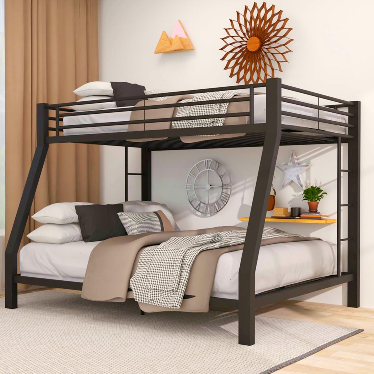ZMIZAKOY Metal Full XL Over Queen Bunk Bed for Adults, Heavy Duty Bunk Bed Full Over Queen with 2 Ladders & Safety Guardrail for Kids and Adults, Easy Assemble Queen Size Bunk Beds (Black) ZMIZAKOY