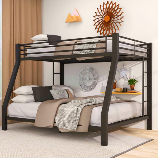 ZMIZAKOY Metal Full XL Over Queen Bunk Bed for Adults, Heavy Duty Bunk Bed Full Over Queen with 2 Ladders & Safety Guardrail for Kids and Adults, Easy Assemble Queen Size Bunk Beds (Black)