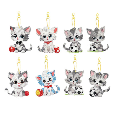 Masendp 8 Pieces Diamond Painting Keychain Animal Style Diamond Art Jewelry Double Sided 5D Diamond Painting Kit for Beginners Adult DIY Art Craft Gifts Home Decor (Football & Cat)