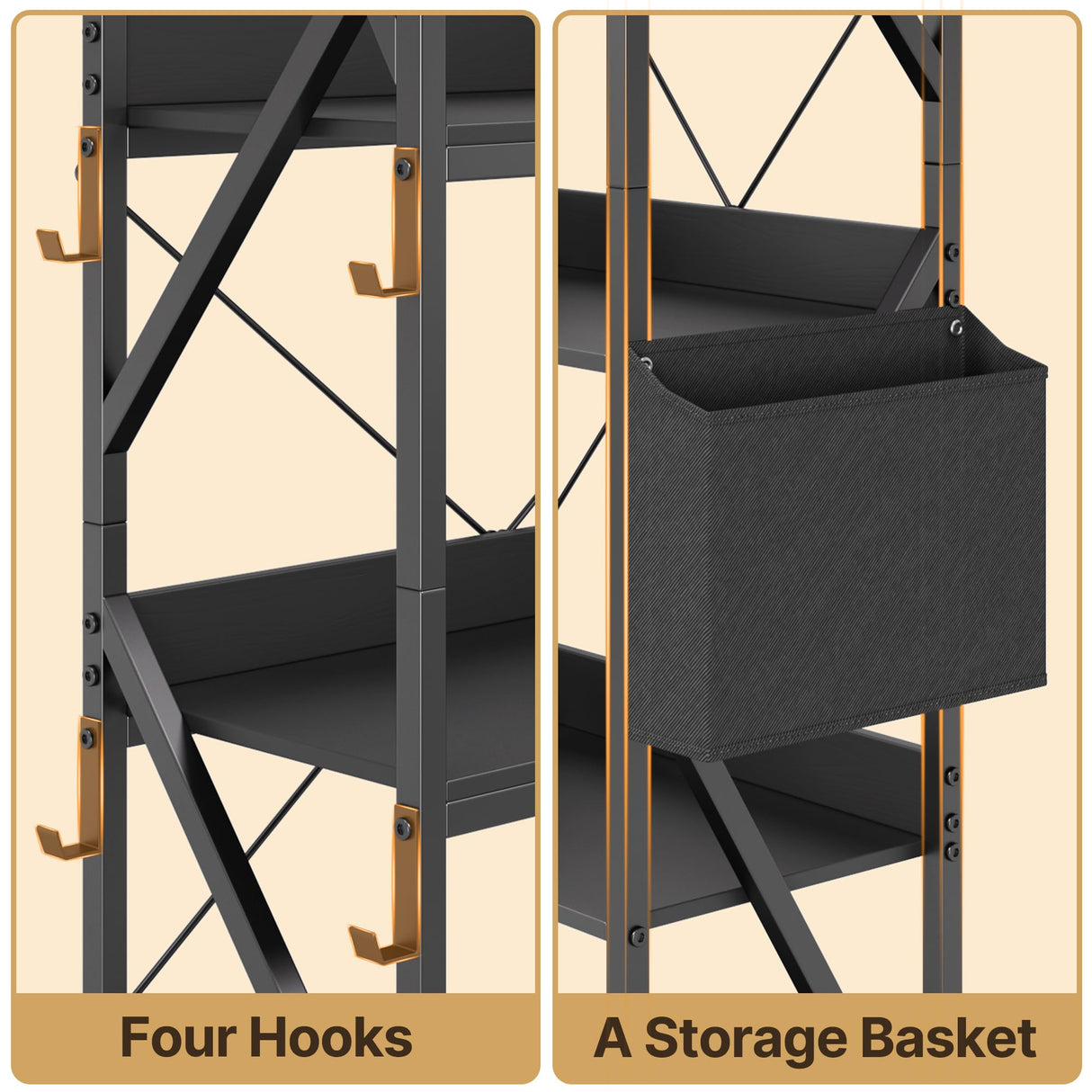 Gizoon 5 Tier Industrial Bookshelf, 65" H Reversible Corner Bookshelf, Bookcase, Freestanding Display Shelf, with 4 Hooks, a Storage Basket, Metal Frame, for Living Room, Kitchen, Office, Black Gizoon