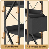 Gizoon 5 Tier Industrial Bookshelf, 65" H Reversible Corner Bookshelf, Bookcase, Freestanding Display Shelf, with 4 Hooks, a Storage Basket, Metal Frame, for Living Room, Kitchen, Office, Black Gizoon