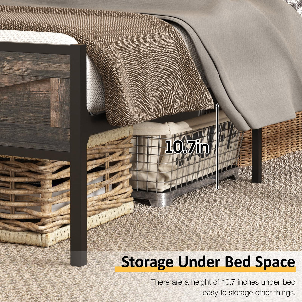 Halitaa Bed Frame Queen Size with Charging Station, Platform Metal Bed with Headboard & Led Light, Farmhouse Storage Bed for Bedroom, No Box Spring Needed Halitaa