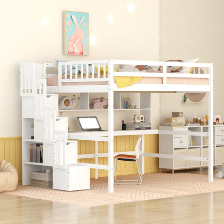 MERITLINE Luxurious Loft Bed: Full Size Loft Bed with Desk, Bookshelves and Storage Staircase, 13.8" H Safety Guard & Ladder, No Box Spring Needed, White MERITLINE