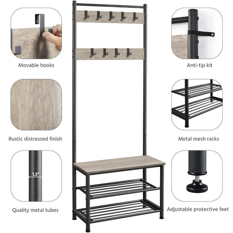 Yaheetech Coat Rack, Hall Tree with Shoe Bench, Entryway Shoe Storage with Coat Rack Stand, 9 Movable Hooks, Industrial Entryway Furniture, Gray Yaheetech