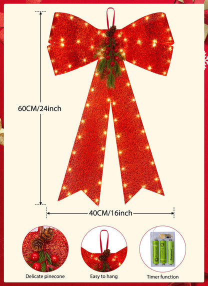 LED Red Bows Christmas Decorations, 16'' x 24'' Christmas Bows for Wreaths with Timer, Tree Topper Bow with Realistic Red Berries Pine Cone Needles for Christmas, Party, Home Decoration