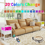 HDDDZSW LED Nightstands set of 2 with Charging Station, Bedside Tables with USB Ports and Outlets, End Table with Fabric-Wood 2-in-1 Drawer for Small Spaces, White Side Table for Bedroom, Living Room HDDDZSW