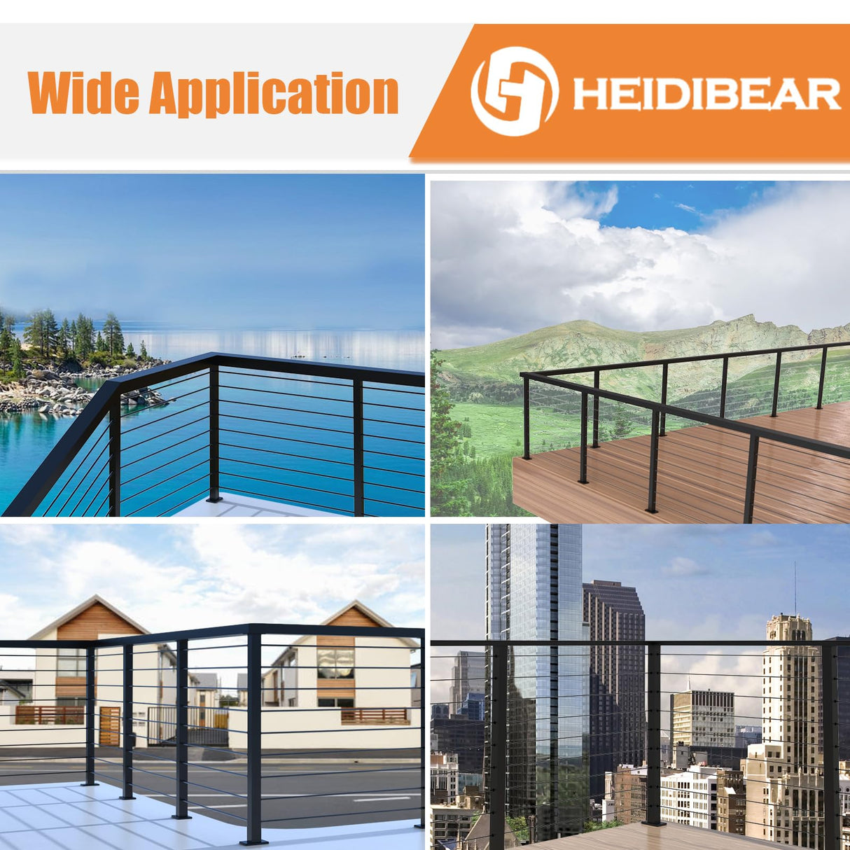 HEIDIBEAR Cable Railing Post, Flat Top Level Drilled Post Black Stainless Steel Deck Post 36’’x2’’x2’’-9Holes with Protector Sleeve Cable Railing System Wood Concrete Level Deck, PF01-L HEIDIBEAR