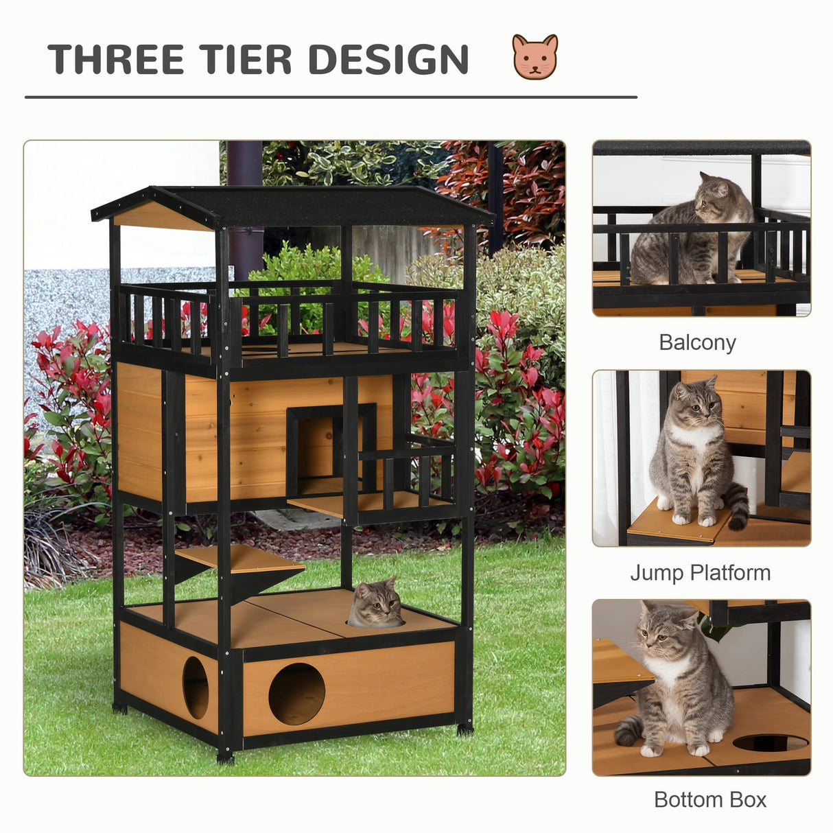 PawHut Wooden Outdoor Cat House, Feral Cat Shelter Kitten Condo with Asphalt Roof, Escape Doors, Condo, Jumping Platform, Yellow PawHut