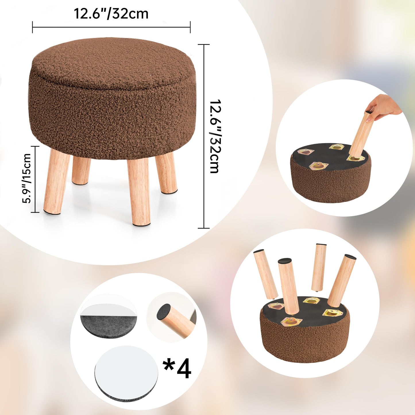 Poofzy Ottoman with Storage, Storage Ottoman, Small Foot Stool Ottoman with Wood Legs, Teddy Velvet Foot Rest for Couch, Living Room and Bedroom - Brown