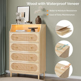 VINGLI Rattan Dresser with LED Lights, Tall Dresser Boho Chest of Drawers for Bedroom, Wicker Chest 4 Drawer, Vertical Dressers for Bedroom，Natural Oak VINGLI