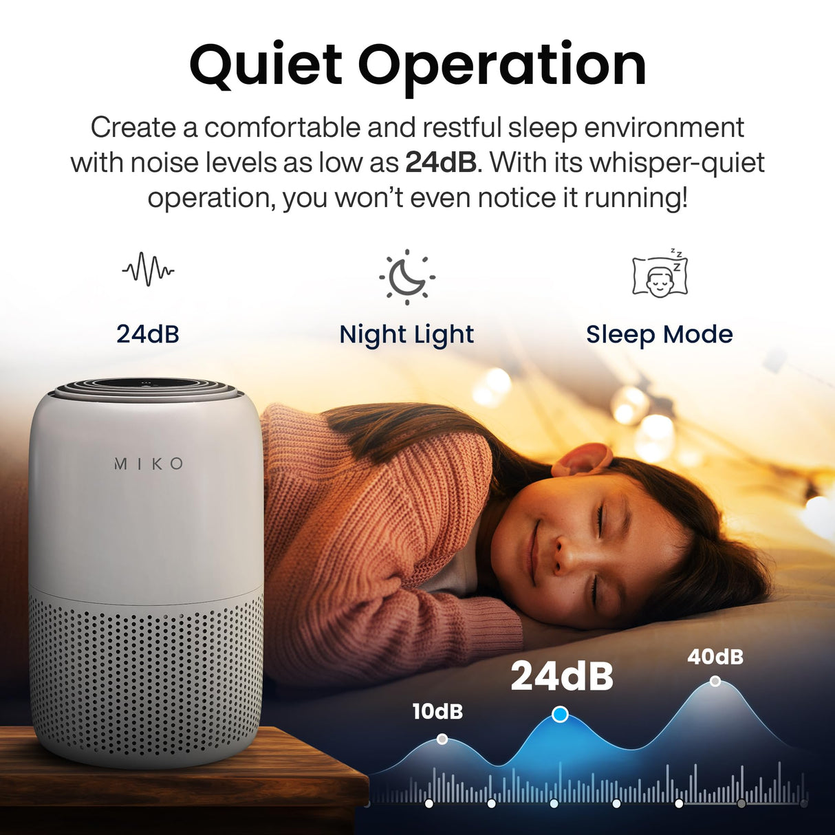 MIKO Air Purifier for Bedroom with 3-in-1 HEPA Filter & Sleep Mode, Whisper Quiet, Covers Up to 1200 ft, Smart Wi-Fi App Control - Removes Smoke, Allergens, Pets Hair, Dust, Odors, Pollutants MIKO