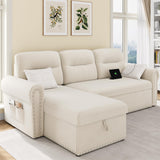 Sleeper Sofa Bed, 87'' Sectional Couch with Reversible Storage Chaise & Nailhead Armrest, Pull Out Couches for Living Room, Side Pocket & Charging Station, Removable Backrest, Velvet Fabric, Beige Keyluv