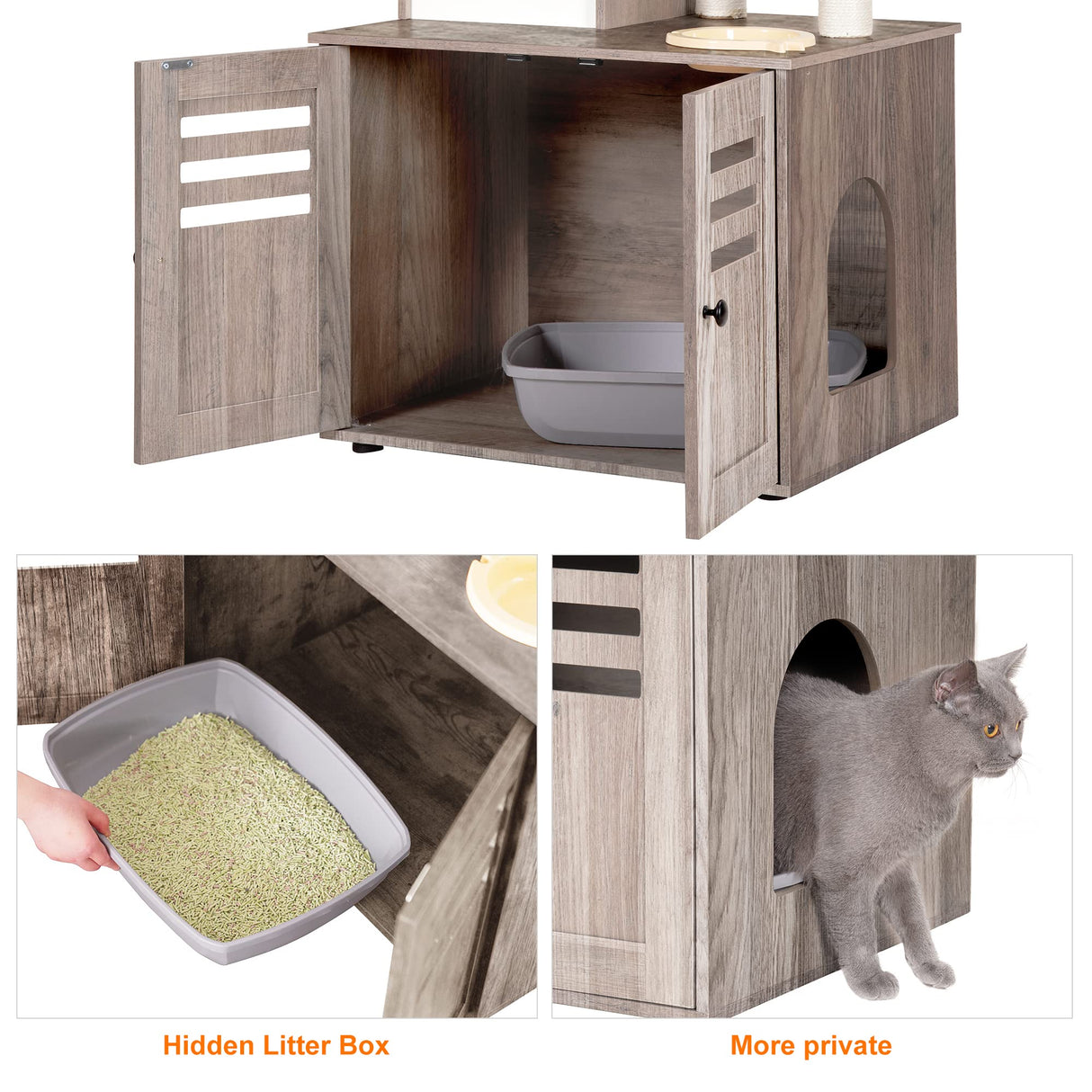 Heybly Cat Tree, Wood Litter Box Enclosure with Food Station, All-in-one Indoor Cat Furniture with Large Platform and Condo, Modern Style Cat Tower, Hammock, Rustic Gray HCT100SG Heybly