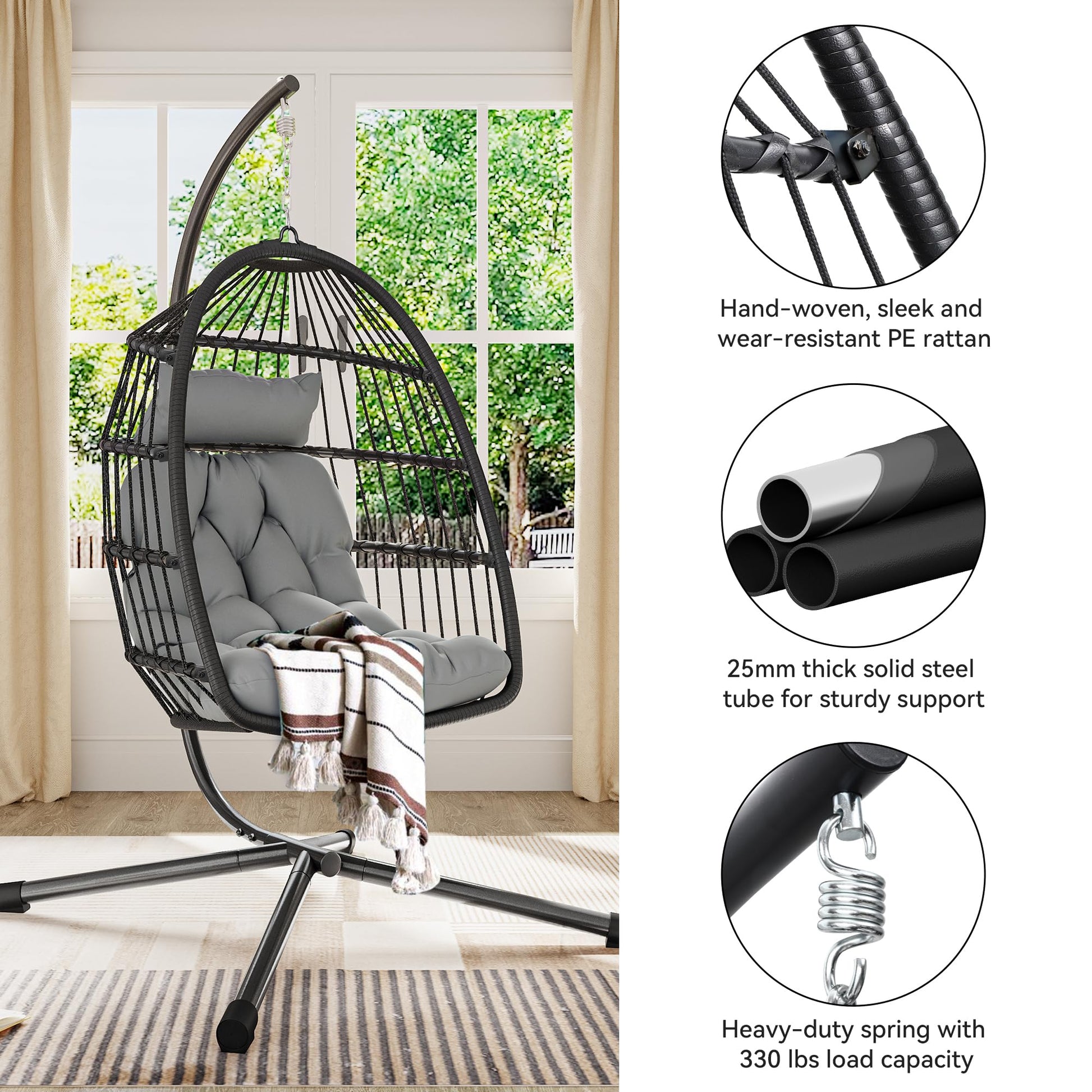 YITAHOME Hanging Egg Swing Chair with Stand Egg Chair Wicker Indoor Outdoor Hammock Egg Chair with Cushions 330lbs for Patio, Bedroom, Garden and Balcony, Dark Gray(Stand Included) - WoodArtSupply