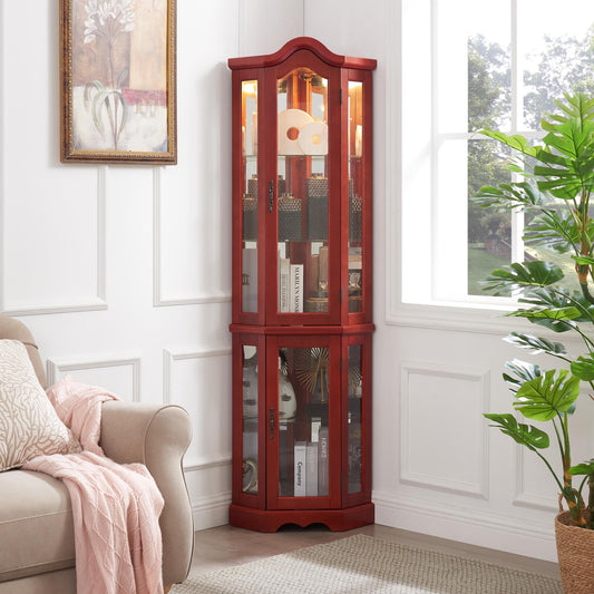 KEIKI Corner Curio Cabinet with Light, Glass Corner Cabinet Display Case with Adjustable Glass Shelves & Carved Decoration, Lighted Corner Showcase with Bulb, Mirrored Back Panel, Glass Doors, Cherry