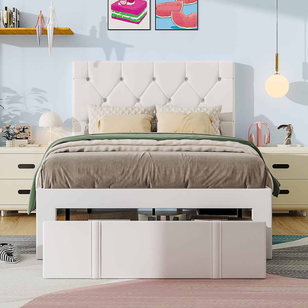 VECELO Twin Size Bed Frame with Storage Drawers, Leather Upholstered with Diamond Tufted Headboard, Solid Wood Slat Support, No Box Spring Needed, White VECELO