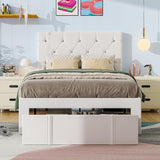 VECELO Twin Size Bed Frame with Storage Drawers, Leather Upholstered with Diamond Tufted Headboard, Solid Wood Slat Support, No Box Spring Needed, White VECELO