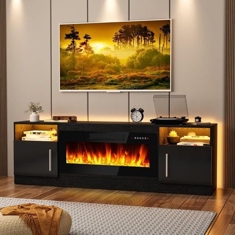 Tavata Fireplace TV Stand Entertainment Center with 36" Fireplace, 70" Wooden TV Stand for TVs Up to 80",Media TV Console with High Gloss Storage Cabinet and 16 Colors LED Lights (Black) TAVATA