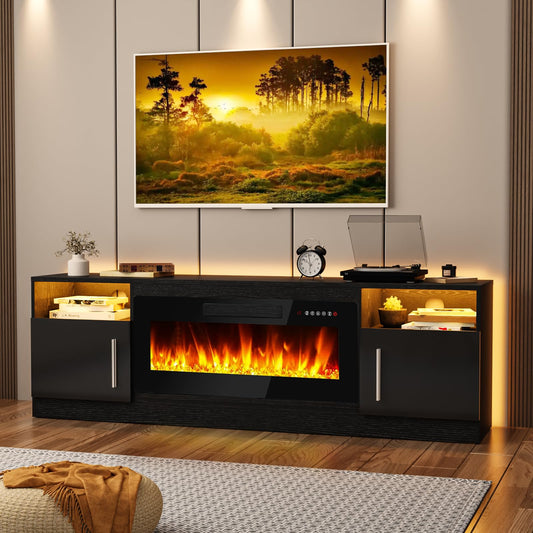 Tavata Fireplace TV Stand Entertainment Center with 36" Fireplace, 70" Wooden TV Stand for TVs Up to 80",Media TV Console with High Gloss Storage Cabinet and 16 Colors LED Lights (Black)