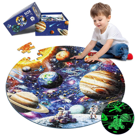 DIGOBAY Glow in The Dark Solar System Jigsaw Puzzles for Kids Ages 4-8, 70 Pieces Kids Space Planet Floor Puzzle Toys Ages 8-10, Large Round Educational Puzzle Toys Gifts for Boys Girls Children DIGOBAY