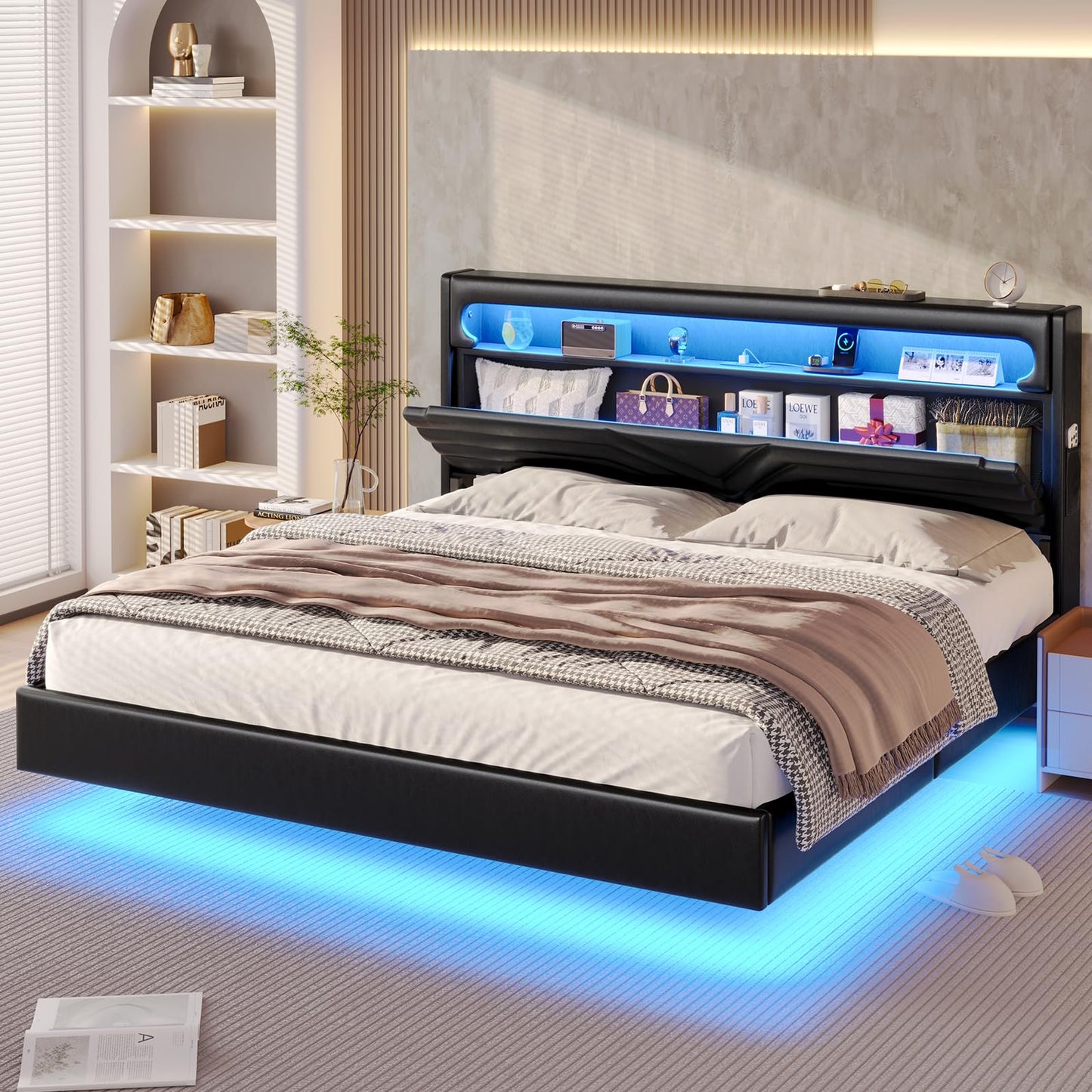 BTHFST Modern Floating King Size Bed Frame with RGB Lighting and USB Charging Station - WoodArtSupply