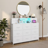 Welfuturer White Dressers for Bedroom with Power Outlets and LED Lights 13 Drawers Dresser Faux Leather Fabric Chest of Drawers for Bedroom Living Room Hallway Entryway Closets Sturdy Frame Wood Top Welfuturer