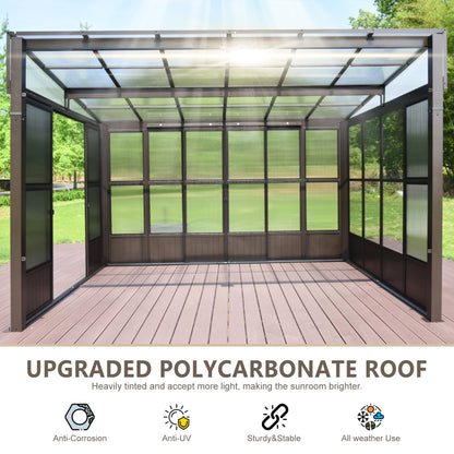 Domi Lean-to Sunroom 10x12FT, Wall Mounted Solarium with Sloping Polycarbonate Roof, Detachable Polycarbonate Screens, 2 Lockable Sliding Doors, Aluminum Gazebo Against Wall Sun Room for Pati - WoodArtSupply