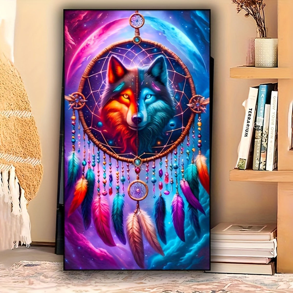Dreamcatcher Wolf 5D DIY Diamond Painting Kit for Adults, Full Round Drill Diamond Mosiac Embroidery Art,Animal Diamond Art Kits for Home Decor 15.7x27.5 inch KUFWKEY