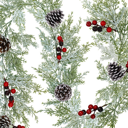 Winlyn Artificial Snowy Christmas Cedar Garland with Pine Cones and Red Berries Lush Christmas Greenery Garland 6' Long Christmas Wedding Winter Holiday Table Runner Centerpiece Seasonal Decoration