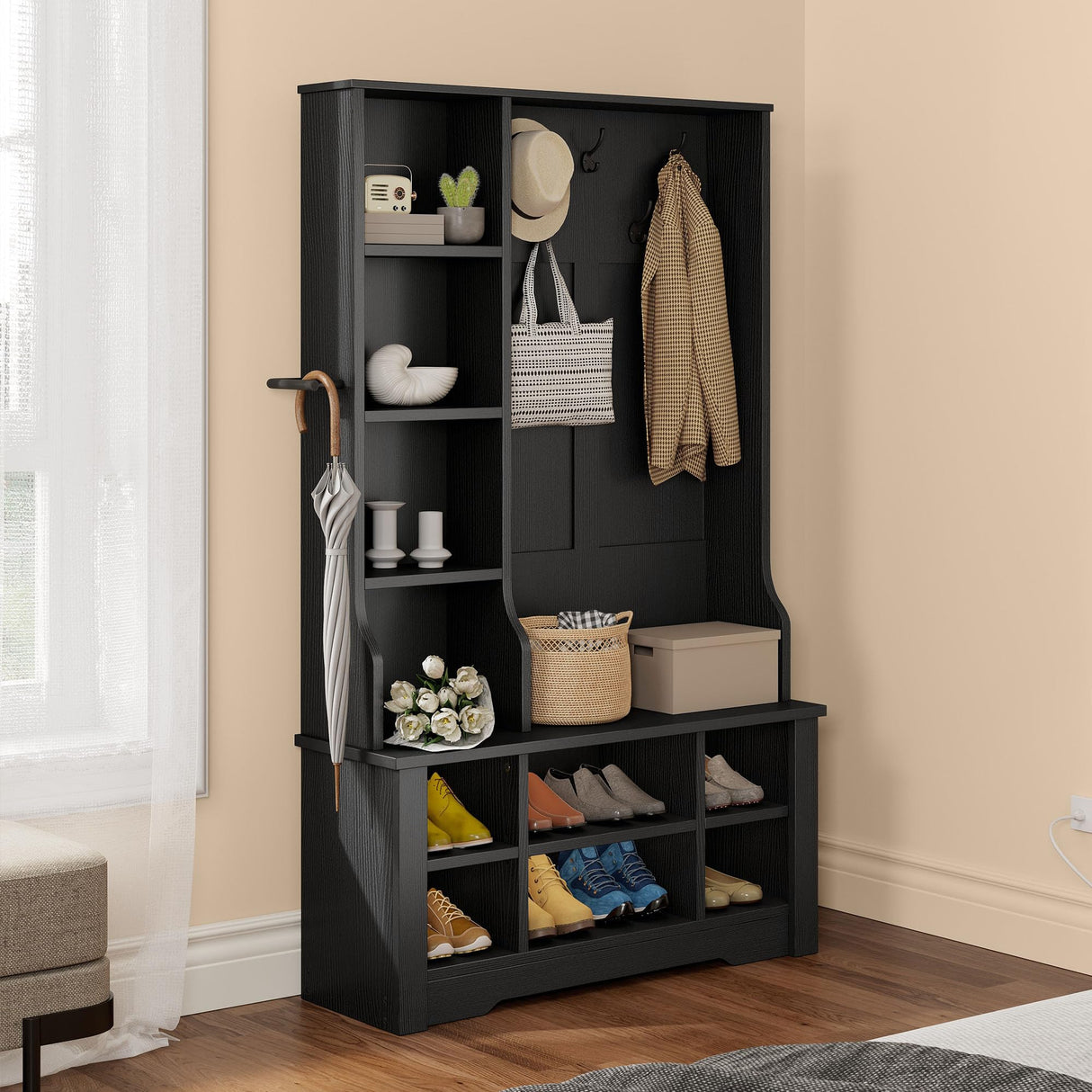 YITAHOME 39" Farmhouse Hall Tree with Entryway Bench, Wood Coat Rack with Storage Shelves, 5 Coat Hooks, 6 Shoe Cubbies w/Adjustable Shelves, Rustic Hall Tree for Entryway Hallway Foyer Narrow, Black YITAHOME