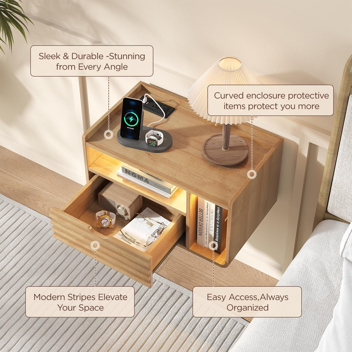 Maupvit Wood Floating Nightstand Set of 2, Wall Mounted Night Stand with Drawer and Charging Station, Bedside Table with Open Shelf, Led Nightstand for Bedroom Maupvit