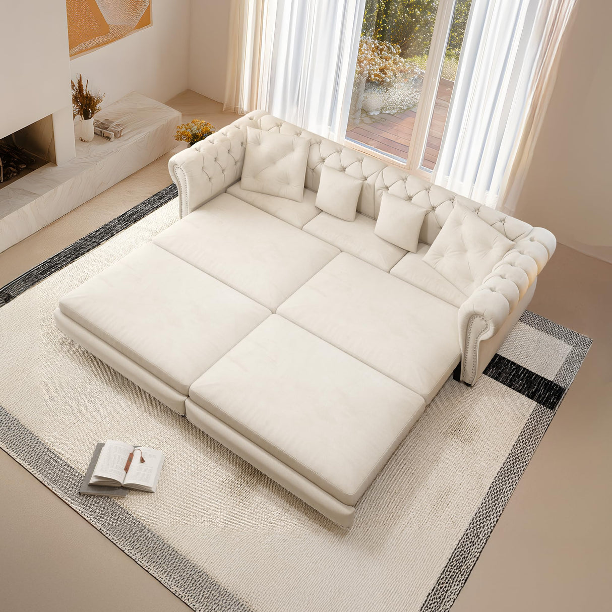 UQGVML Oversized Sleeper Sofa Couch, Convertible Sleeper Sofa Bed for Living Room, Bedroom, Classic 3-in-1 Pullout Couch Bed Chesterfield Style (Beige, with Ottoman) UQGVML