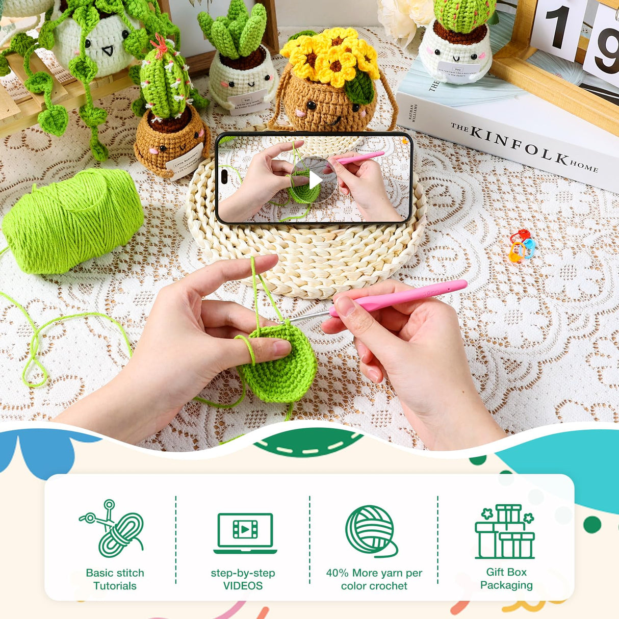 Imcrasy Crochet Kit for Beginners with Step by Step Video Lessons | 6 PC Potted Plants and Succulent Family Crochet Kit with Accessories (40%+ Yarn) Imcrasy