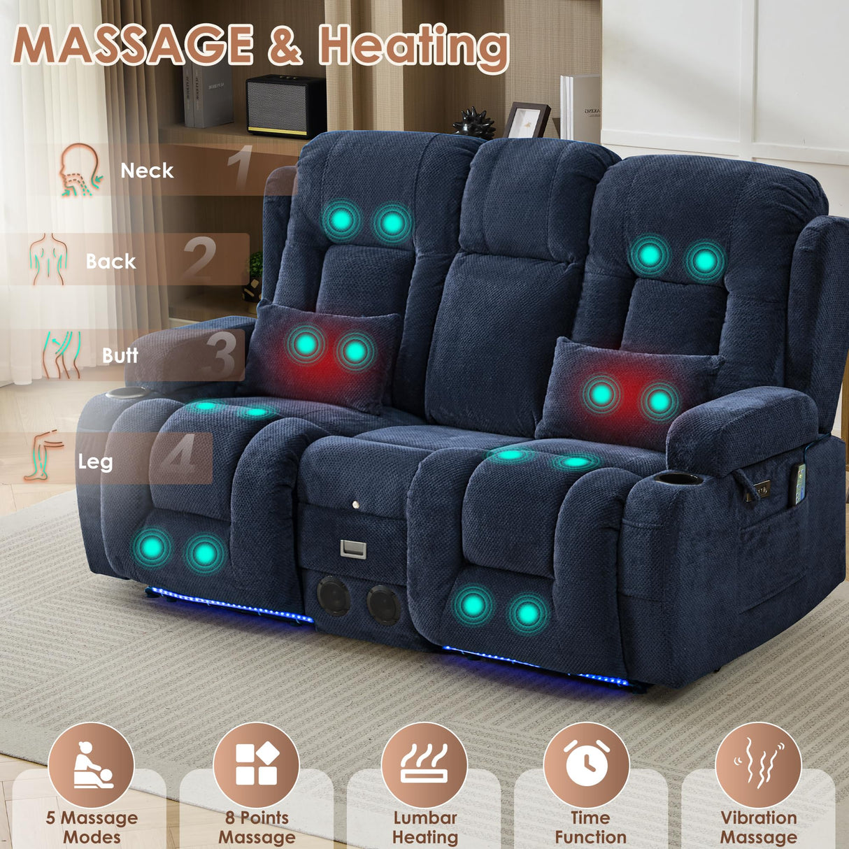 TUNYI Wall Hugger Power Loveseat Recliner - Reclining Loveseat with Console Theater Seating RV Recliner Sofa with USB/Outlet/Speaker/Cup Holder/LED Light/Storage (Beibei VelvetBlue) TUNYI