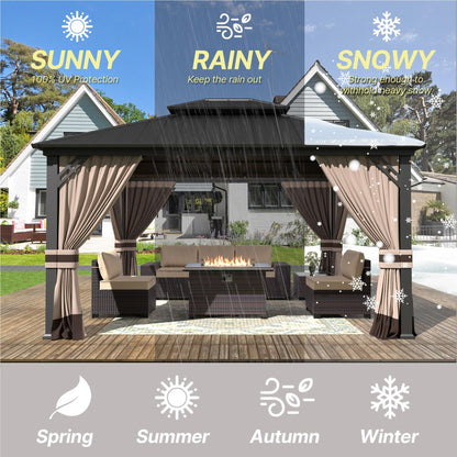 Gotland 2024 New 12' x 16' Hardtop Gazebo, Outdoor Iron Metal Double Roof Pergola with Curtains and Netting for Patio, Garden, Lawn, Khaki - WoodArtSupply