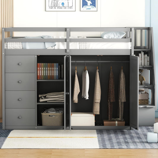 Harper & Bright Designs Grey Full Size Loft Bed with Storage Stairs and Wardrobes - WoodArtSupply