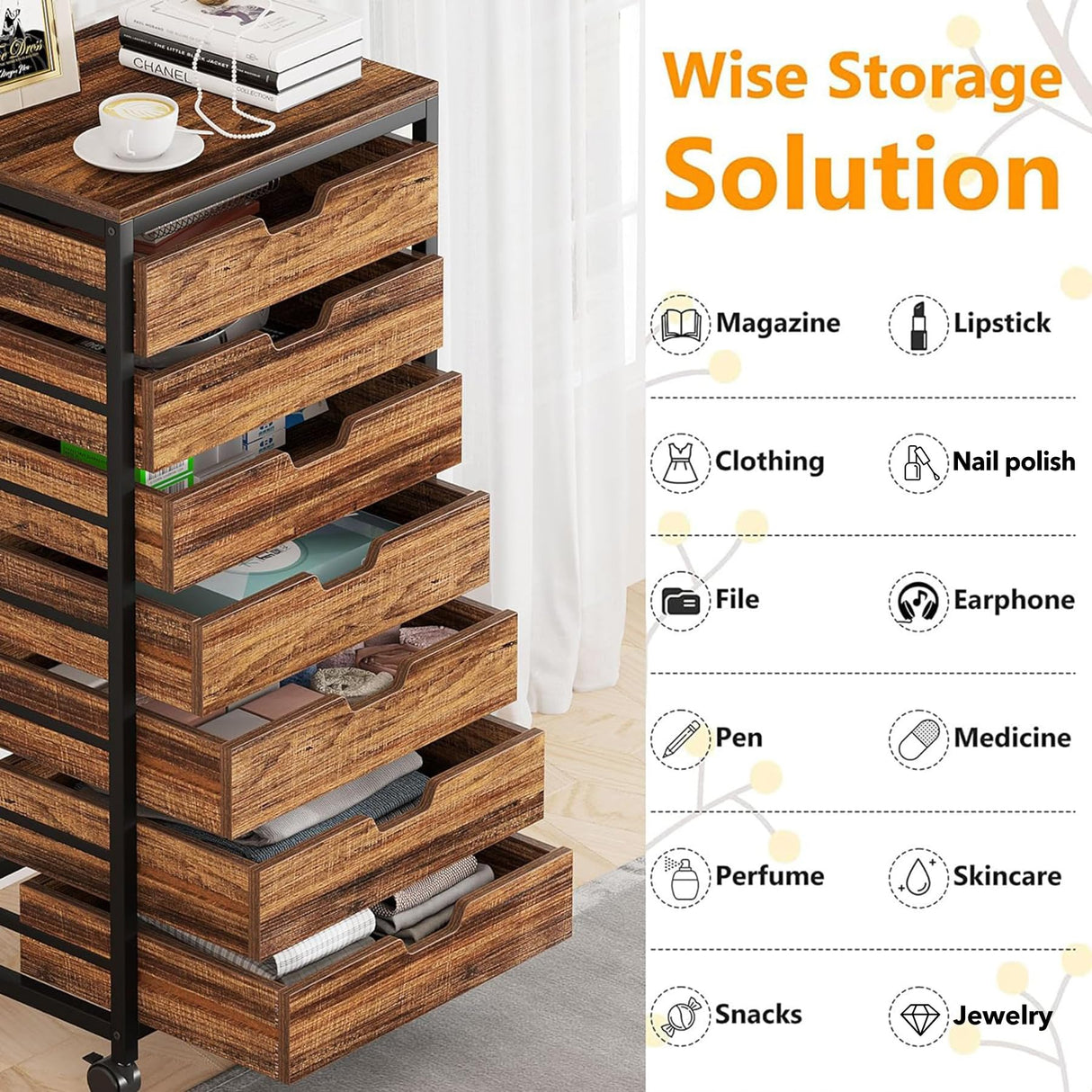 Tribesigns 7 Drawer Chest, Wood Storage Dresser Cabinet with Wheels, Industrial Storage Drawer Organizer Cart for Office Bedroom Entryway (Rustic Brown, 2 PC) Tribesigns