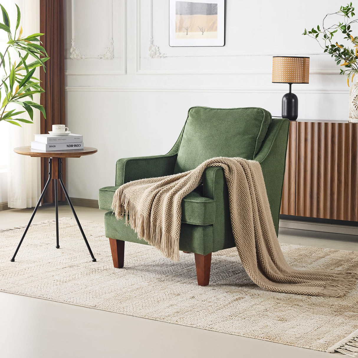 VINGLI Mid-Century Accent Chairs Set of 2, Green Upholstered Armchair Comfy Sofa Chairs Reading Chair High Back Living Room Bedroom Furniture for Apartment VINGLI