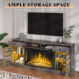 AMERLIFE 70" Curved Fireplace TV Stands with 36'' Electric Fireplace, Farmhouse LED Entertainment Center for TVs up to 80'' with Glass Door & Adjustable Shelves, Wash Gray AMERLIFE