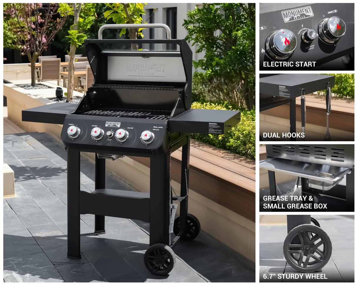 Monument Grills 4-Burner Liquid Propane Gas Grill, Black Stainless Steel Grill with Clearview® Lid and One Foldable Shelve for Outdoor Cooking Kitchen and Patio Backyard, Mesa420MF with BBQ Cover Monument Grills