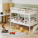 KOMFOTT Wood Bunk Bed Twin Over Twin, Bunk Bed with Ladder & Safety Guardrail, Solid Wood Bed Frame, Ideal for Dormitory & Multiple-Child Family, No Box Spring Needed, Kids Bed Frame KOMFOTT