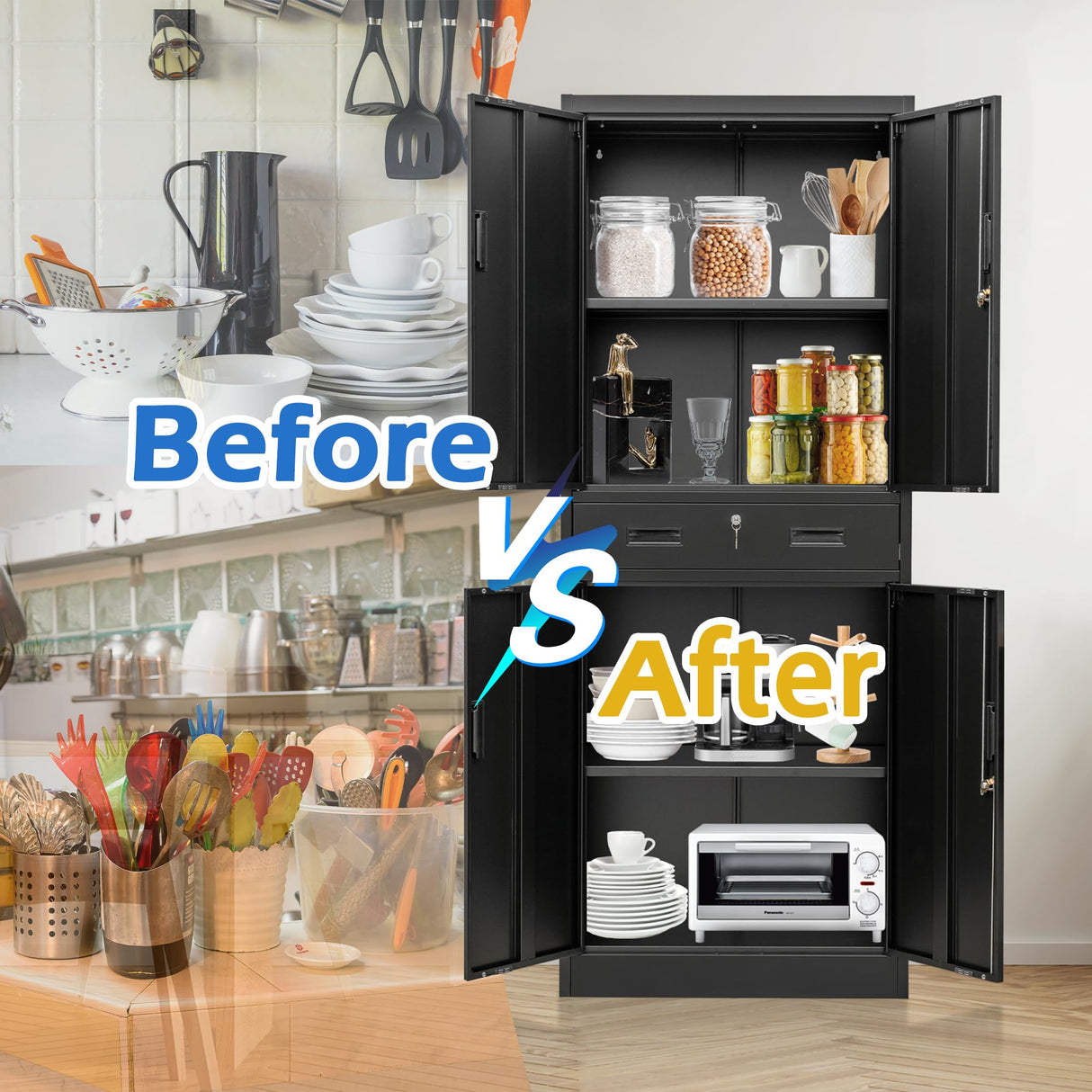 Wanfu Metal Storage Cabinet, 71" H x 28" W x 16" D Locking Storage Cabinet with Adjustable Shelves and One Drawer, Steel Cabinet for Office, Garage, Home, School, Utility (Black) Wanfu