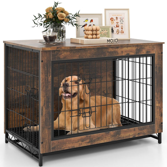 Giantex Dog Crate Furniture - 32.5" L Dog Kennel Side Table with Double Doors & Removable Pull-Out Tray, Left or Right Side Door, Modern Dog Cage Pet House End Table for Medium Dogs, Rustic Brown